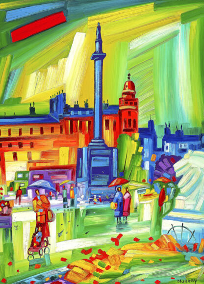 Colorful, abstract painting of an urban scene with a prominent tower, buildings, and figures in the foreground. By Raymond Murray