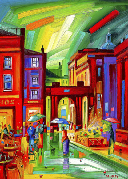 A vibrant, expressionistic painting depicting a bustling street scene with people, buildings, and an energetic, colorful sky. By Raymond Murray