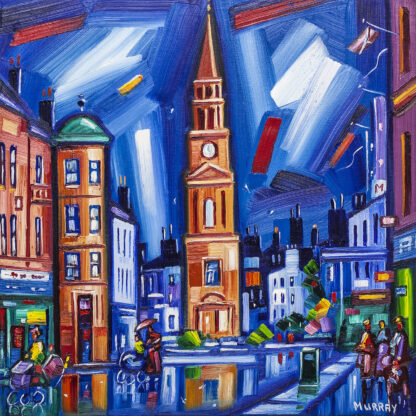 A vibrant, expressionist painting of an urban scene with buildings, people, and dynamic brush strokes depicting a lively street at night. By Raymond Murray