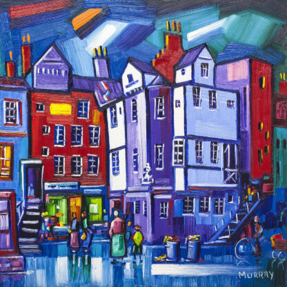 A colorful, vibrant painting of a busy street scene with expressive brushstrokes highlighting buildings and people. By Raymond Murray