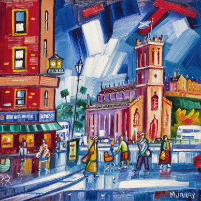 Colorful and vivid painting of an animated street scene with people and brightly colored buildings under a blue sky. By Raymond Murray