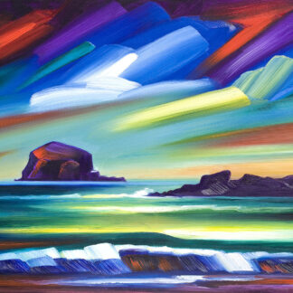 An expressionist-style painting with vibrant brushstrokes depicting a seascape with rocks and a radiant, colorful sky. By Raymond Murray