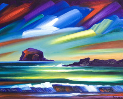 An expressionist-style painting with vibrant brushstrokes depicting a seascape with rocks and a radiant, colorful sky. By Raymond Murray