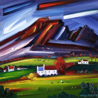 An impressionistic painting depicting a vibrant landscape with a white house and dynamic, broad brush strokes in vivid colors. By Raymond Murray
