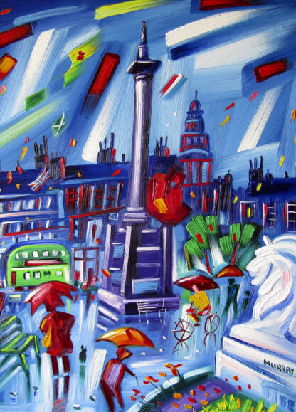 A vibrant, expressionistic painting depicting a cityscape with bold brushstrokes, iconic landmarks, a double-decker bus, and a flurry of dynamic colors. By Raymond Murray
