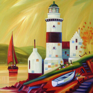 A vibrant, stylized painting of a lighthouse with boats and a sailboat on a swirling colorful sea. By Raymond Murray