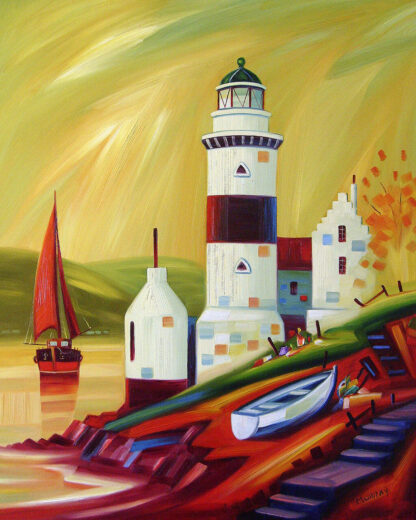 A vibrant, stylized painting of a lighthouse with boats and a sailboat on a swirling colorful sea. By Raymond Murray