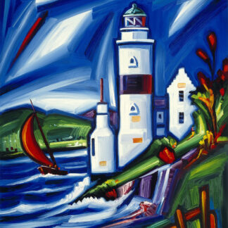 A colorful, expressionist painting of a lighthouse by the sea with a sailing boat on the water. By Raymond Murray