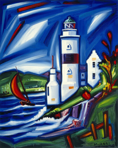 A colorful, expressionist painting of a lighthouse by the sea with a sailing boat on the water. By Raymond Murray