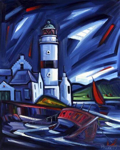An expressionist-style painting of a lighthouse by the sea, with dynamic brushstrokes and vibrant colors, featuring boats and a building. By Raymond Murray