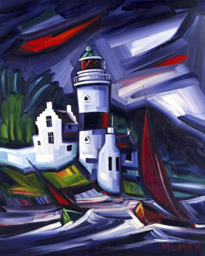 An expressionistic painting featuring a lighthouse with a red sailboat nearby, accentuated by bold, swirling brushstrokes and vibrant colors. By Raymond Murray