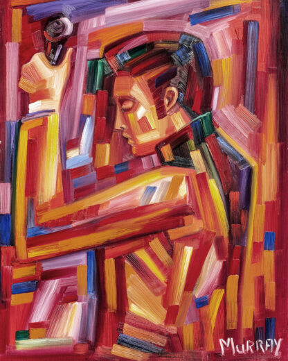 The image shows an abstract, colorful painting with geometric shapes and lines, possibly representing a human figure. By Raymond Murray