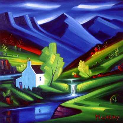 Colorful abstract painting of a landscape with a white house, trees, hills, and a water stream under a blue sky. By Raymond Murray