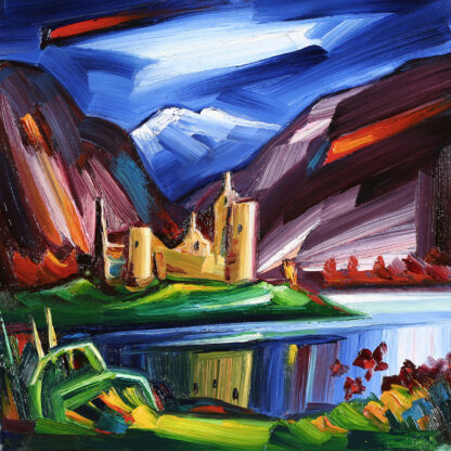 A vibrant, expressionistic painting of a mountainous landscape with a castle and reflective water body in bold strokes. By Raymond Murray