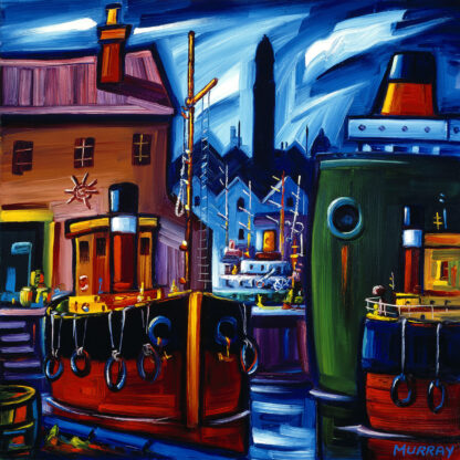 A vibrant painting featuring colorful boats docked in a canal with eclectic buildings and a luminous cityscape in the background. By Raymond Murray