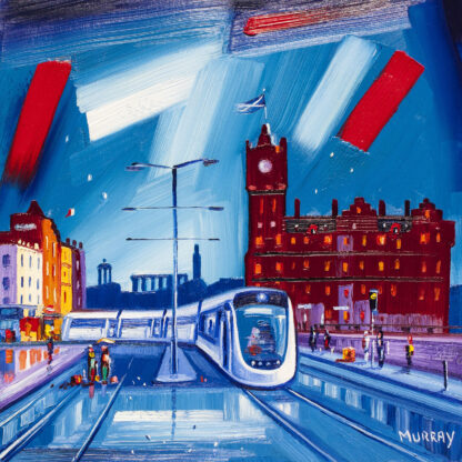 An expressive, vibrant painting of an urban scene with a train, people, and buildings, under a dynamic, brush-stroked sky. By Raymond Murray