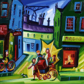 A vibrant, colorful painting depicting a lively street scene with buildings, people, and a central figure pushing a cart adorned with a star. By Raymond Murray