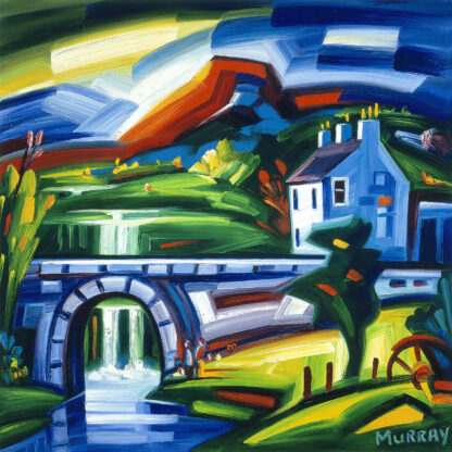 An expressive, colorful painting of a countryside scene with a house, bridge, and figures, in a vivid, swirling style. By Raymond Murray