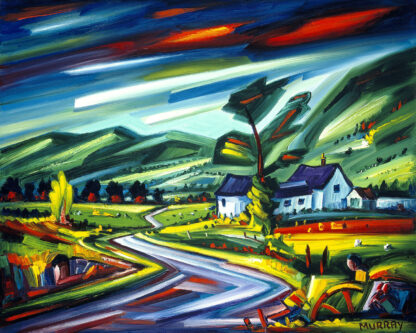 A vibrant, expressionist-style painting depicting a rural landscape with dynamic brush strokes, vivid colors, houses, and winding roads. By Raymond Murray