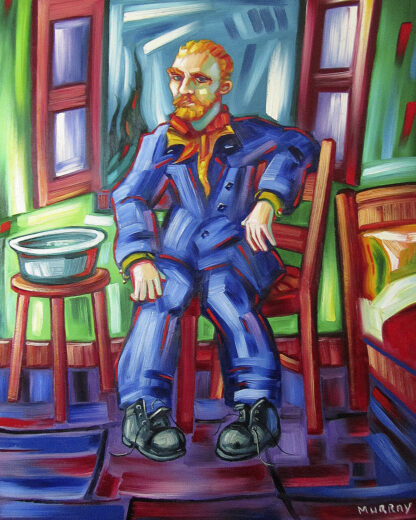 The image depicts a colorful expressionist-style painting of a seated man with a beard, possibly evocative of Vincent Van Gogh, in a vibrant, angular interior setting. By Raymond Murray