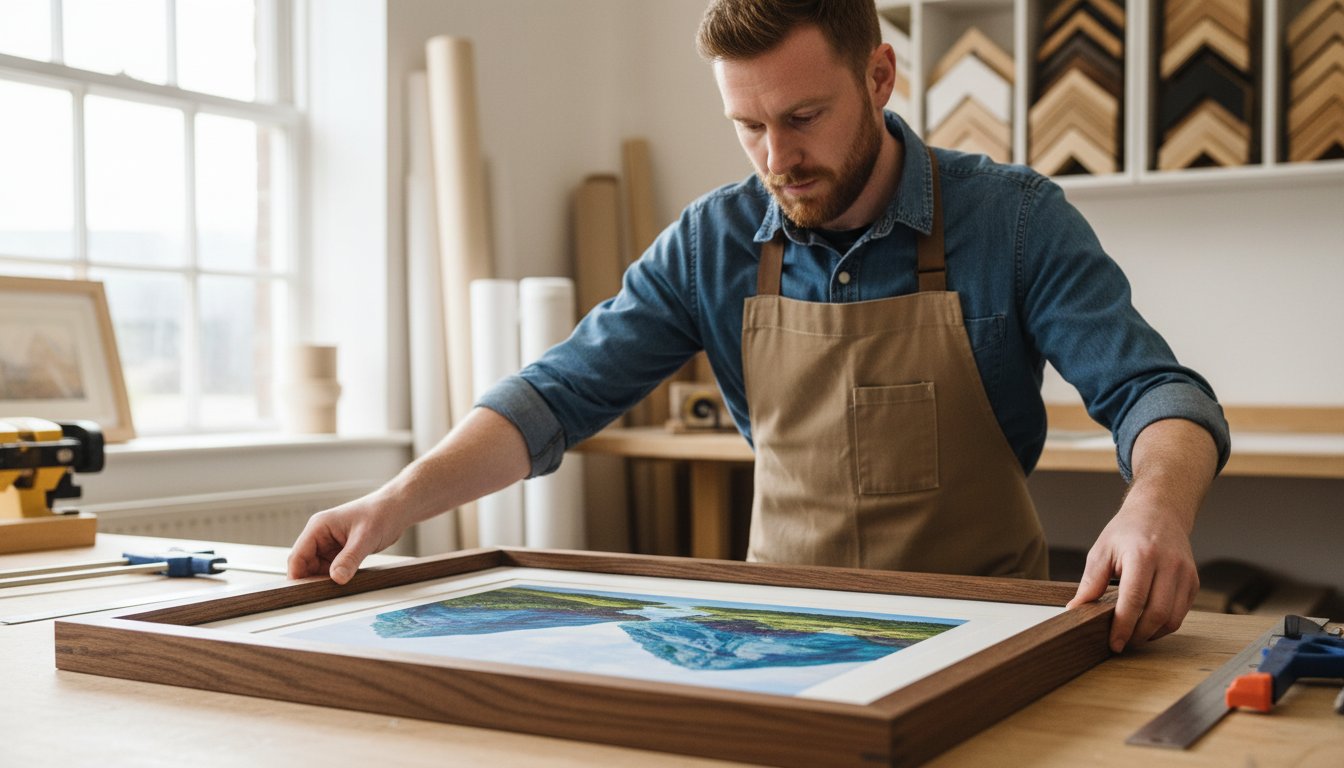 A man wearing an apron carefully frames a landscape painting in a well-lit workshop with frame samples and tools visible in the background.