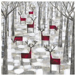 The image depicts a stylized forest scene with red deer-like figures integrated into a grayscale birch tree landscape.By Nikki Monaghan