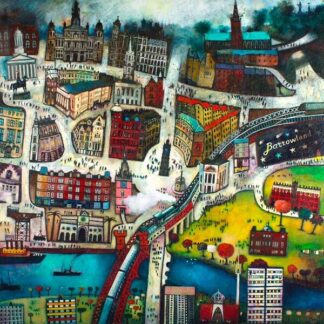 This is a colorful, abstract artistic rendition of a vibrant cityscape with various buildings and a bridge, possibly representing a bustling urban center. By Rob Hain