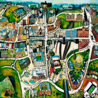 The image is a vibrant, abstract painting depicting a stylized cityscape with various buildings and streets. By Rob Hain