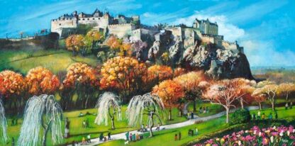 The image displays an impressionistic painting of a castle on a hill overlooking vibrant, colorful gardens with people strolling through. By Rob Hain