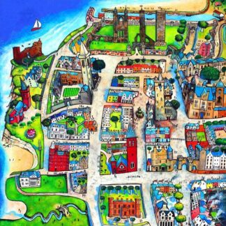 A colorful, stylized aerial view of a town with assorted buildings, landmarks, and a waterfront. By Rob Hain