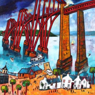 The image depicts a colorful, abstract representation of a landscape with a red bridge, boats, water, buildings, and miniature figures. By Rob Hain