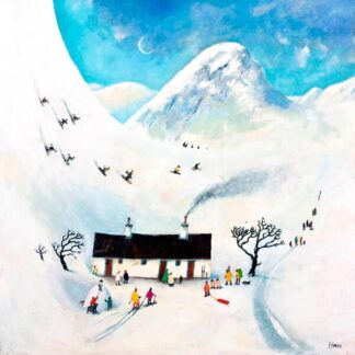 A whimsical painting depicting a snowy village scene with people skiing and a crescent moon in the sky. By Rob Hain
