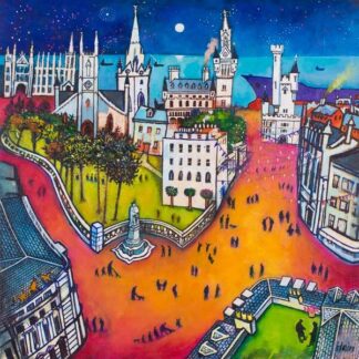 A colorful and stylized painting of a vibrant cityscape at night with a cathedral, buildings, and people walking along curved streets. By Rob Hain