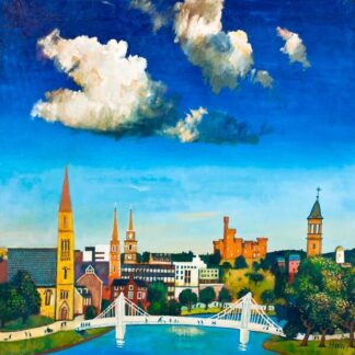 The image is a colorful painting depicting a scenic town with buildings, churches, a bridge over a river, and fluffy clouds in a blue sky. By Rob Hain