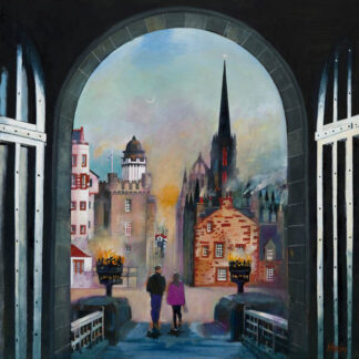 A painting depicts two people walking towards a cityscape with buildings and a spire visible through an arched doorway at dusk or dawn. By Rob Hain
