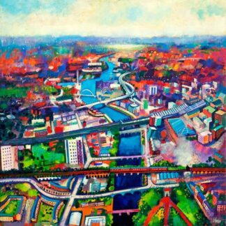 Vibrant and colorful painting of an urban landscape with a river flowing through it. By Rob Hain