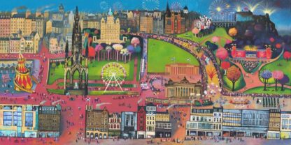The image depicts a vibrant, colorful illustration of a busy cityscape with a variety of buildings, a Ferris wheel, fireworks, and numerous people. By Rob Hain
