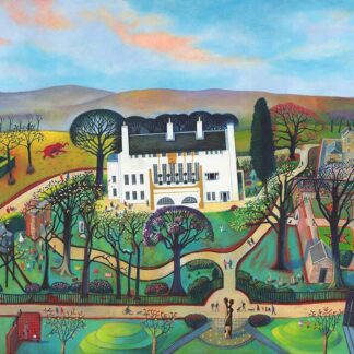 A colorful painting of a large, white house amidst a vibrant, whimsically depicted garden and rural landscape. By Rob Hain