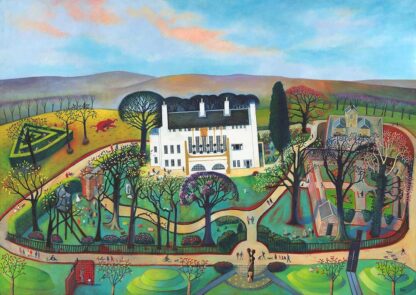A colorful painting of a large, white house amidst a vibrant, whimsically depicted garden and rural landscape. By Rob Hain