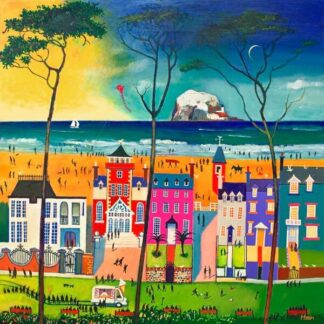 Vibrant painting of a colorful seaside village with trees, people, and a large rock formation in the distance under a dynamic sky. By Rob Hain