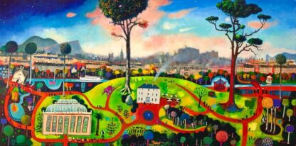 A vibrant, colorful landscape painting featuring a mixture of natural and built environments with a whimsical, dreamlike quality. By Rob Hain