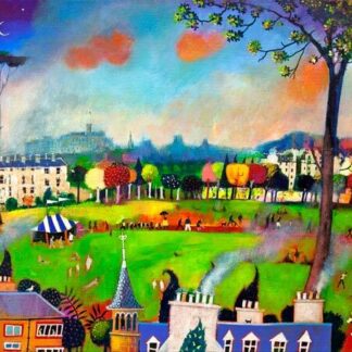 A vibrant and whimsical painting showcasing an eclectic cityscape with various buildings, a windmill, trees, and a colorful sky. By Rob Hain