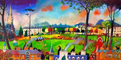 A vibrant and whimsical painting showcasing an eclectic cityscape with various buildings, a windmill, trees, and a colorful sky. By Rob Hain