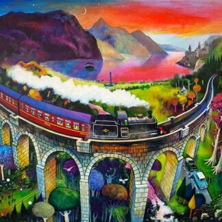 A colorful, vibrant painting depicting a whimsical landscape with a train crossing a bridge, surrounded by mountains, a castle, and a variety of fantastical elements. By Rob Hain