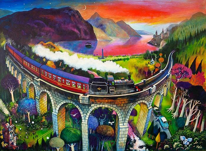 A colorful, vibrant painting depicting a whimsical landscape with a train crossing a bridge, surrounded by mountains, a castle, and a variety of fantastical elements. By Rob Hain