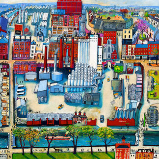 The image depicts a vibrant, colorful, and stylized painting of an urban landscape with buildings, trees, and a waterfront. By Rob Hain