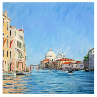 A painting of the Grand Canal in Venice, featuring colorful buildings and the iconic dome of Santa Maria della Salute in the background. By Robert Kelsey