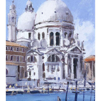 An impressionist-style painting of the Santa Maria della Salute church in Venice with clear skies and water in the foreground. By Robert Kelsey