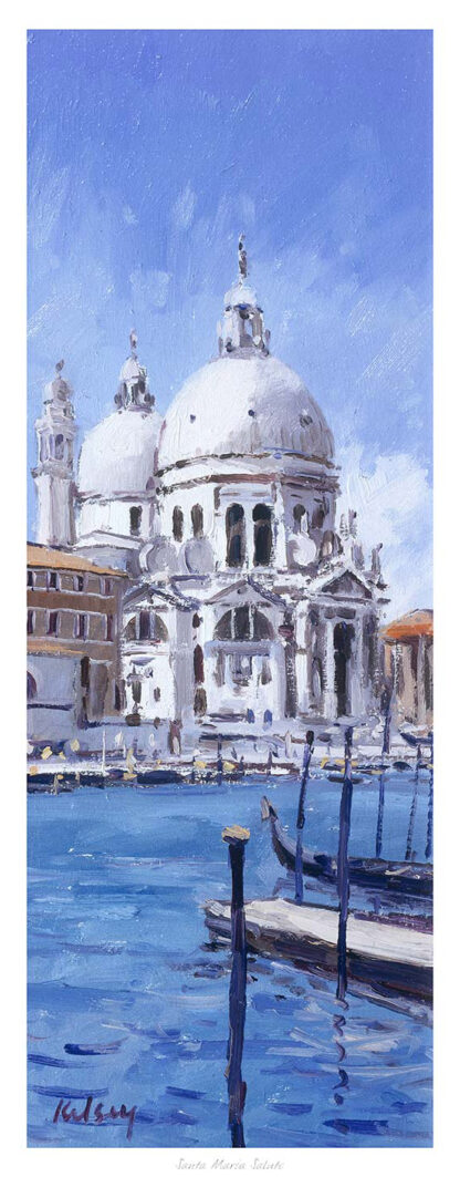 An impressionist-style painting of the Santa Maria della Salute church in Venice with clear skies and water in the foreground. By Robert Kelsey