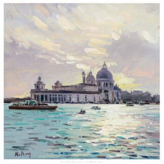 An impressionistic painting of Santa Maria della Salute in Venice with glistening water in the foreground and a cloudy sky. By Robert Kelsey